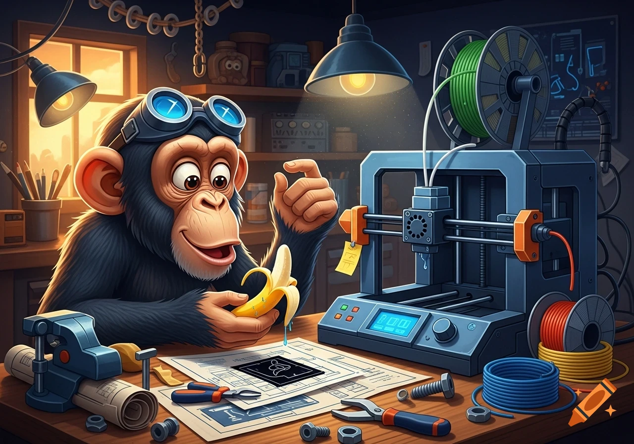 A cartoon chimpanzee wearing goggles sits at a workbench, holding a banana next to a 3D printer and tools in a workshop.