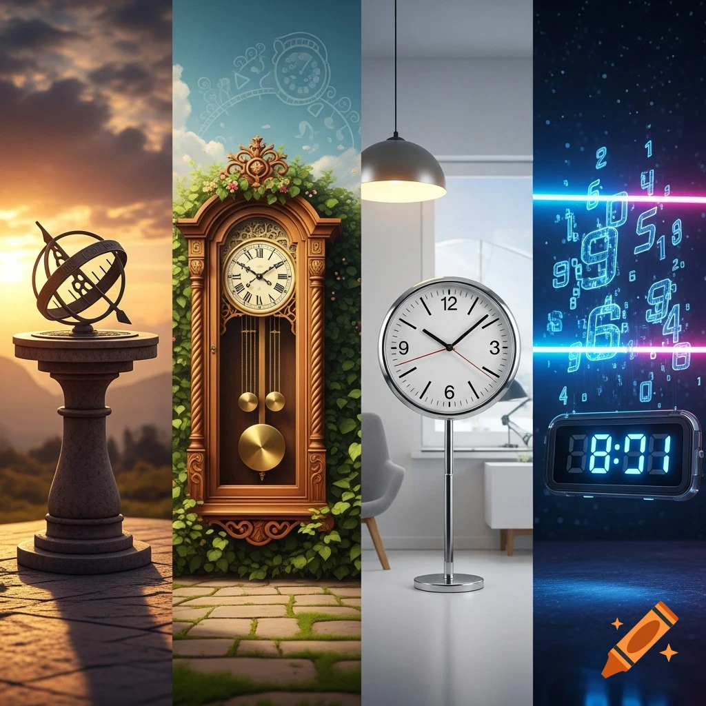 A four-panel collage depicting the evolution of timekeeping devices: a sundial, a grandfather clock, a modern analog clock, and a digital clock.