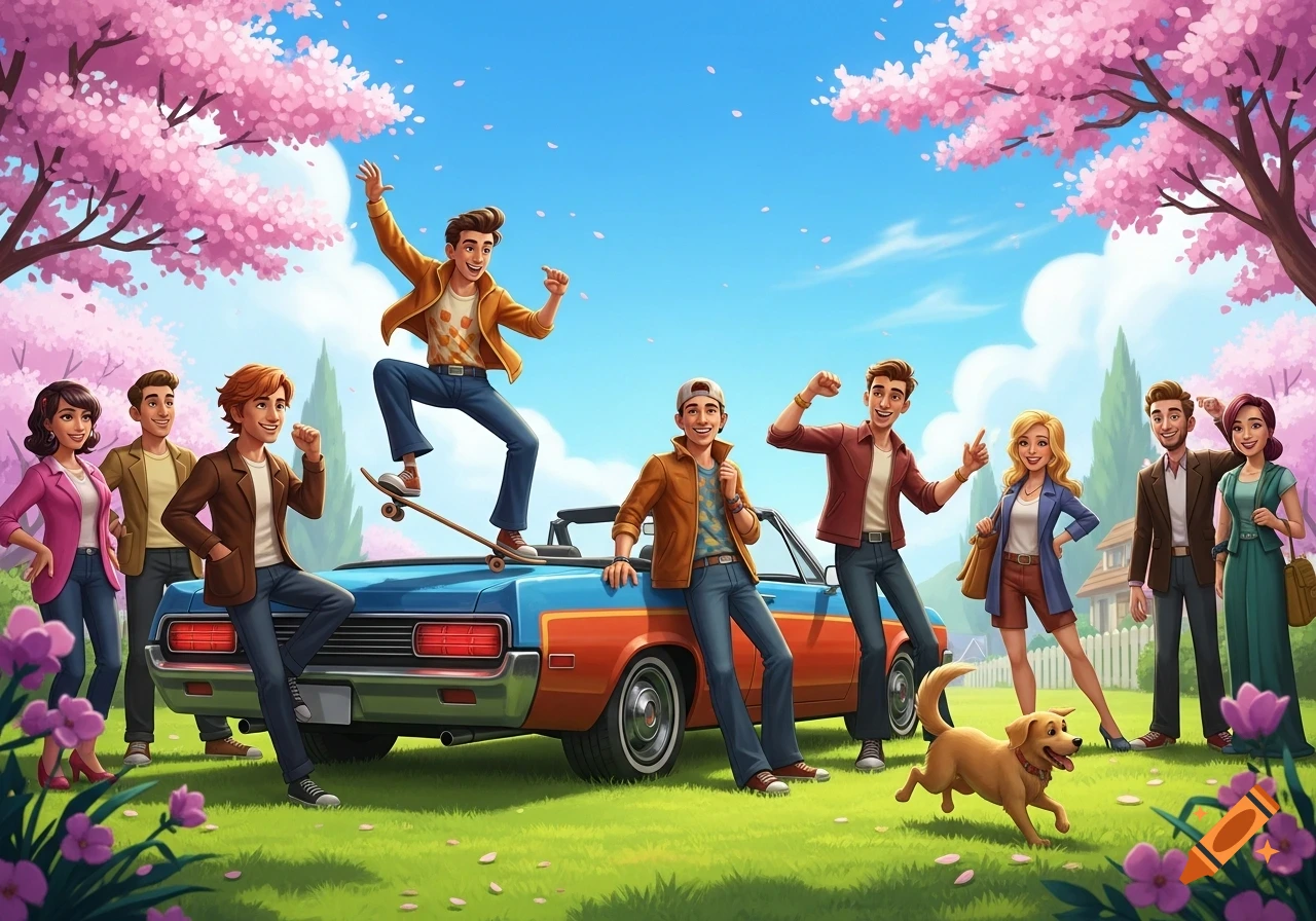 A group of friends laughing and posing around a car in a park with cherry blossoms, a dog runs nearby.
