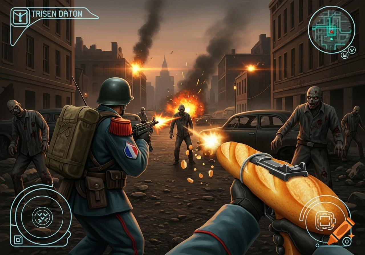 A first-person view in an FPS game, a French soldier shoots at zombies on a destroyed city street at sunset, wielding a baguette gun.