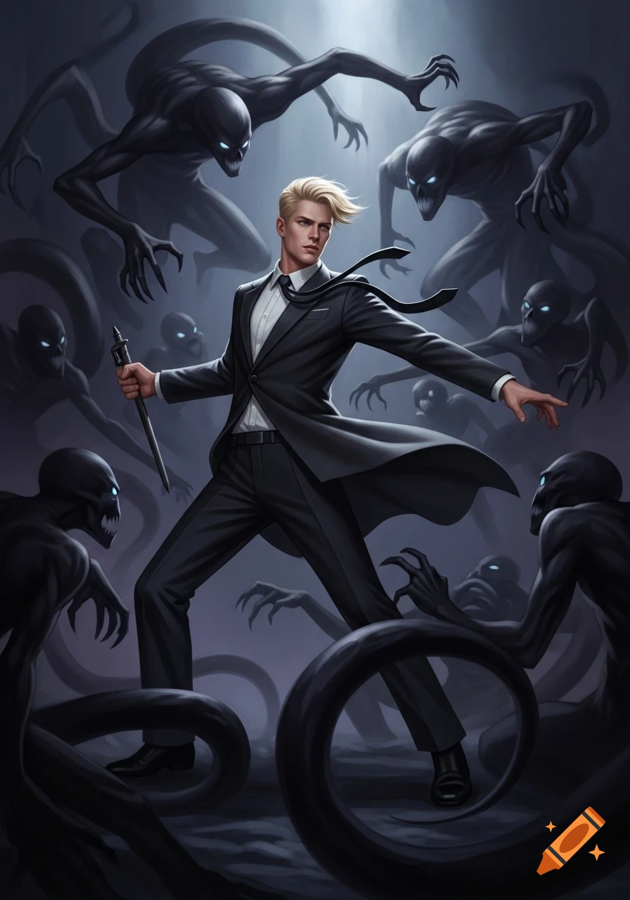 A blonde man in a black suit holds a cane while battling shadowy, monstrous spirits with glowing blue eyes, in a dark fantasy art style.