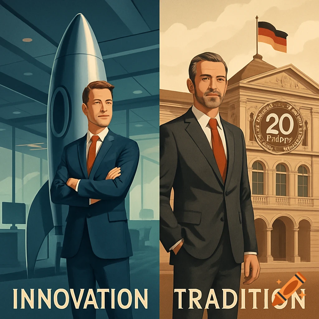 Digital illustration of a split image: a businessman with a rocket and 'INNOVATION' on the left, and a businessman with a building and 'TRADITION' on the right.