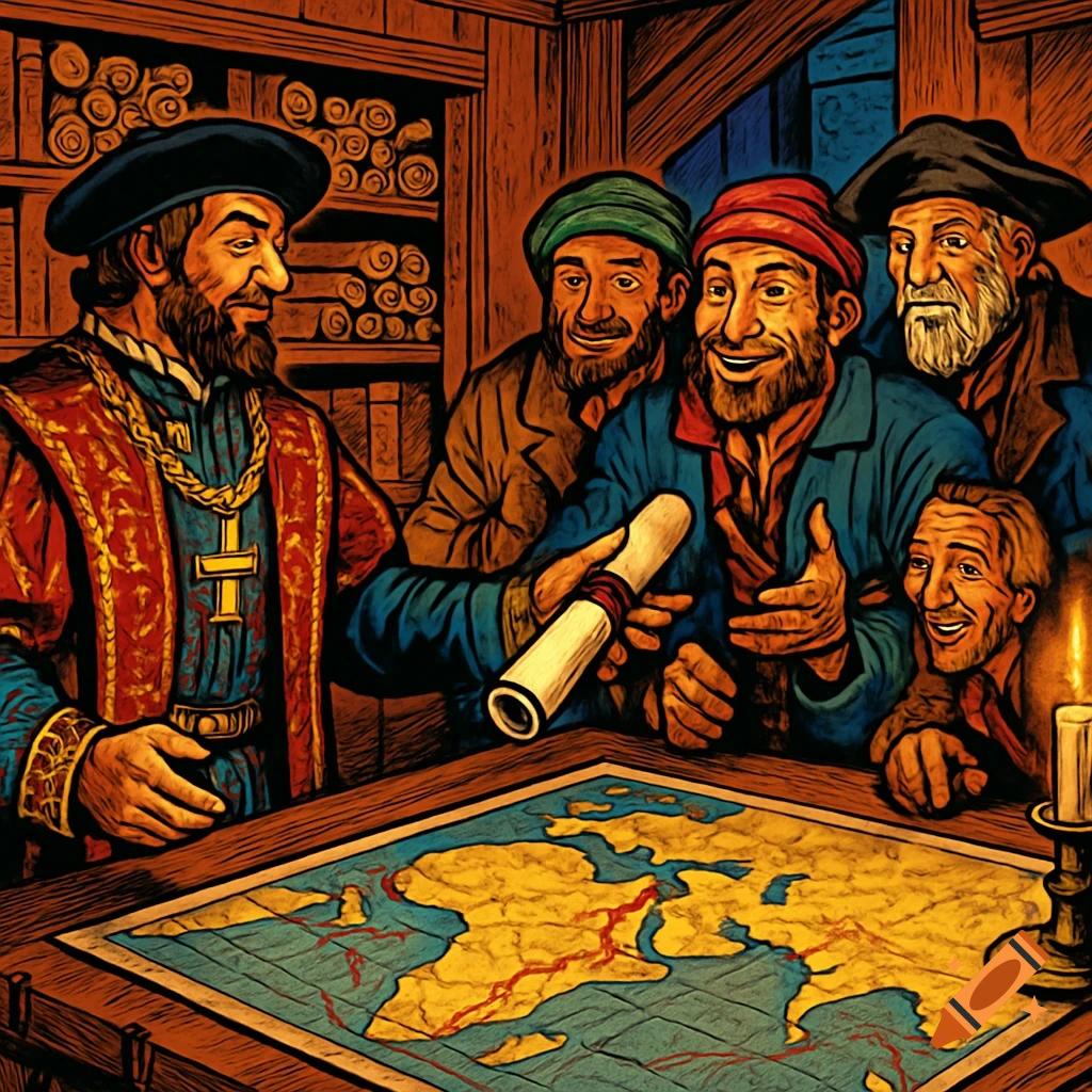 Comic book illustration of a Portuguese official and merchants in a map room, gathered around a table with a map of Africa and Asia.