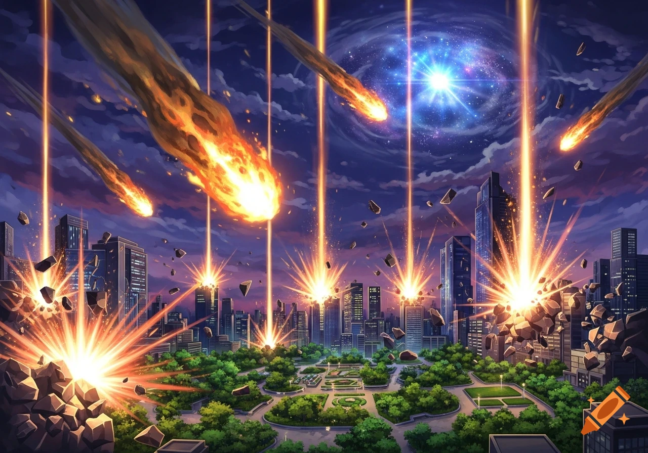 Fiery meteors rain down on a city and park, causing bright explosions and destruction under a cosmic sky in an anime style.