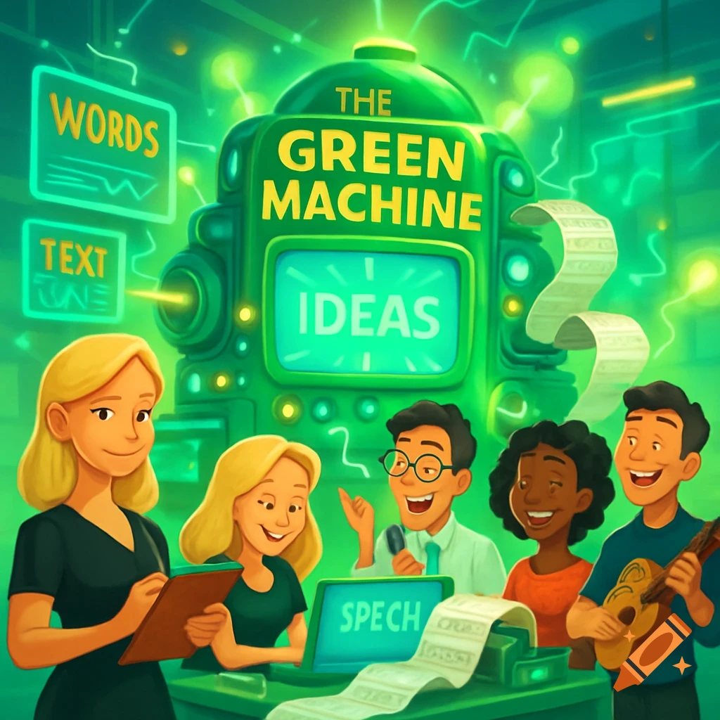 A diverse team works around a glowing green futuristic "Green Machine" with screens displaying words, in a vibrant cartoon style.