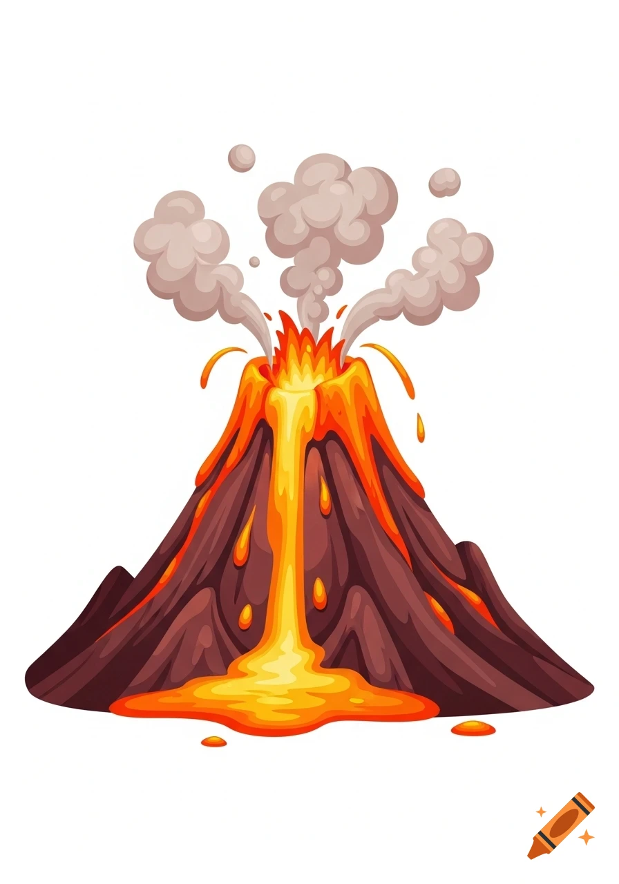 A cartoon stylized volcano erupting with flowing orange lava and rising grey smoke on a white background.