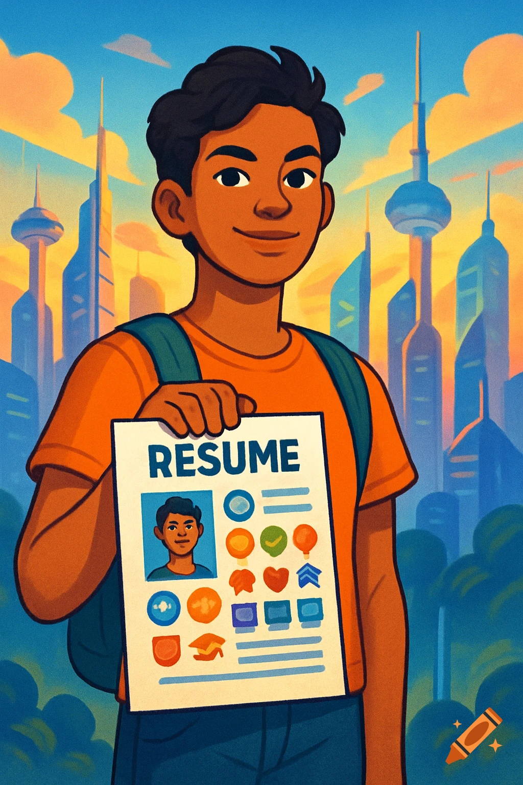 Cartoon illustration of a smiling young person with a backpack holding up a resume, with a city skyline in the background.
