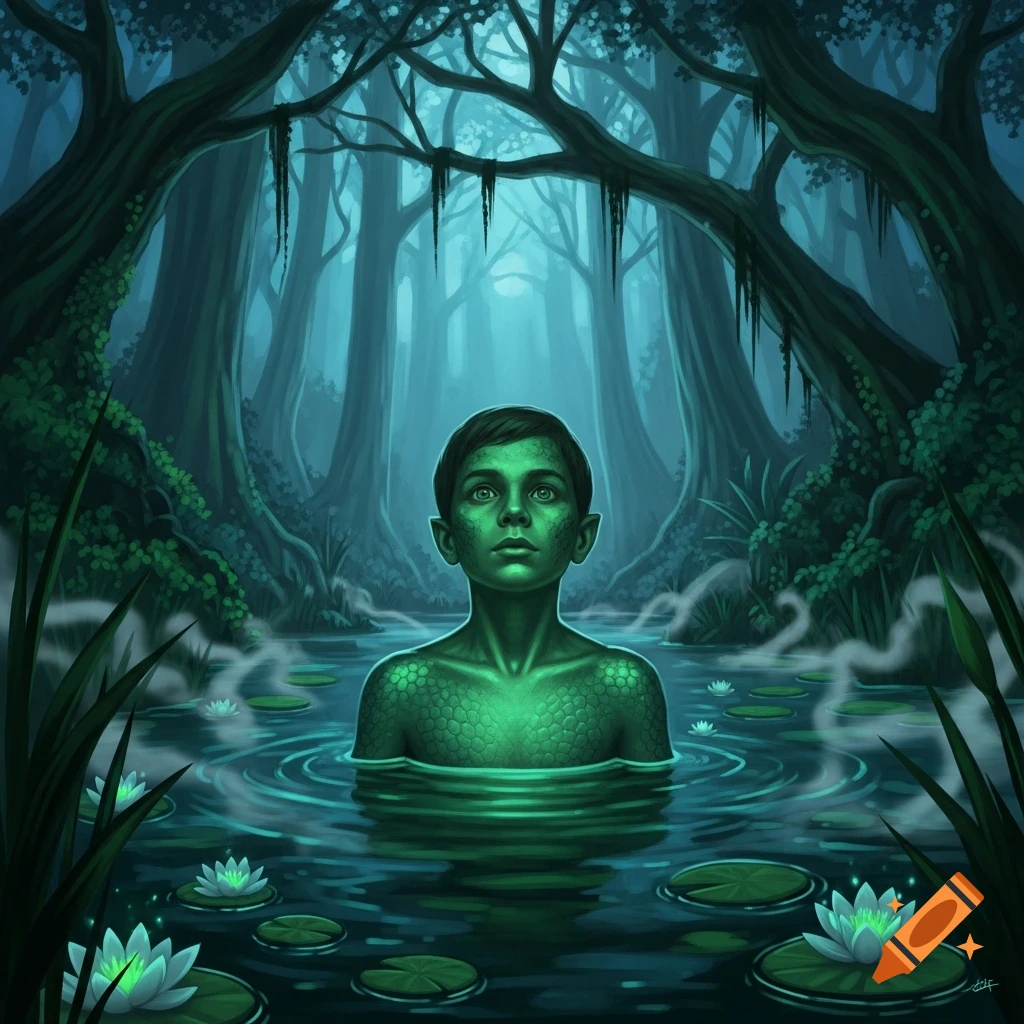 A green-skinned boy with pointy ears and scaly shoulders emerges from dark swamp water, surrounded by lily pads and glowing flowers, in a misty, dark forest.