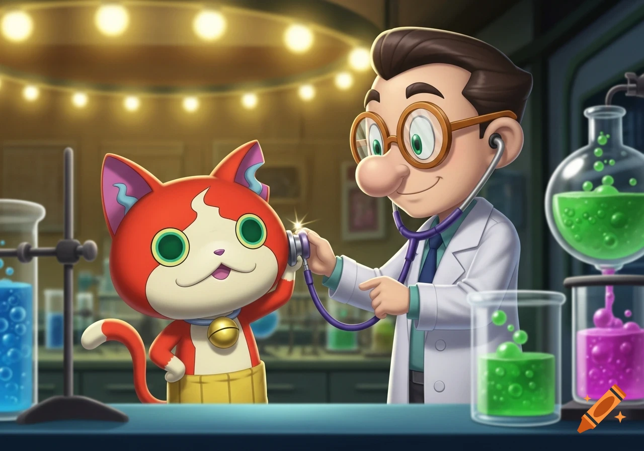 A cartoon doctor in a lab coat listens to a red and white cat with a stethoscope in a brightly lit laboratory full of beakers.