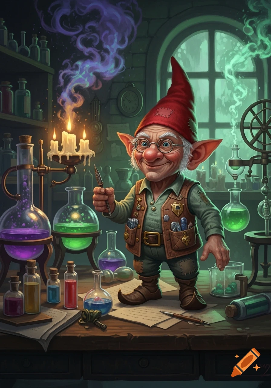 A smiling gnome alchemist in a fantasy laboratory, surrounded by glowing potions, bottles, and smoking flasks.