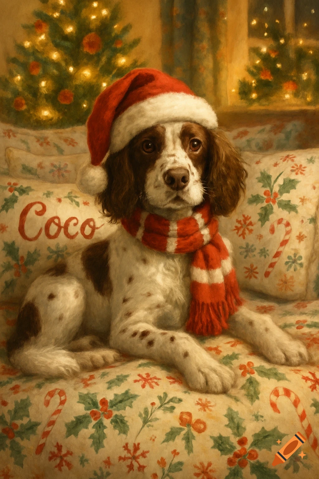 A springer spaniel wearing a Santa hat and scarf lies on a Christmas-themed bed with 'Coco' on a pillow, a lighted Christmas tree behind it.