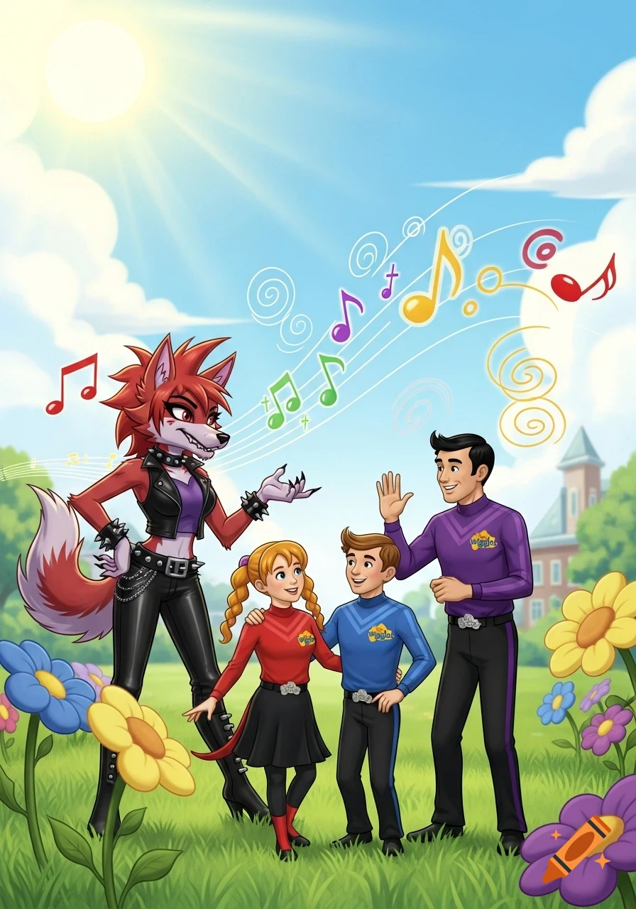 A cartoon illustration showing Loona, a red anthropomorphic wolf in punk attire, standing with three Wiggles characters in a sunny field.