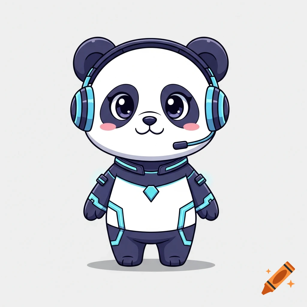 A cute chibi panda character with large eyes, wearing blue headphones and a futuristic white and blue outfit, standing.