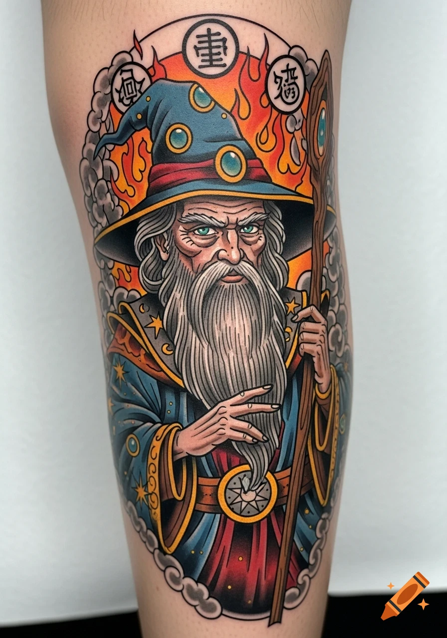 A colorful traditional tattoo on a leg depicts an old wizard with a long white beard, a blue pointed hat, and a robe, holding a staff. The wizard is set against a background of flames and clouds, with stylized Asian characters in circles above his head.