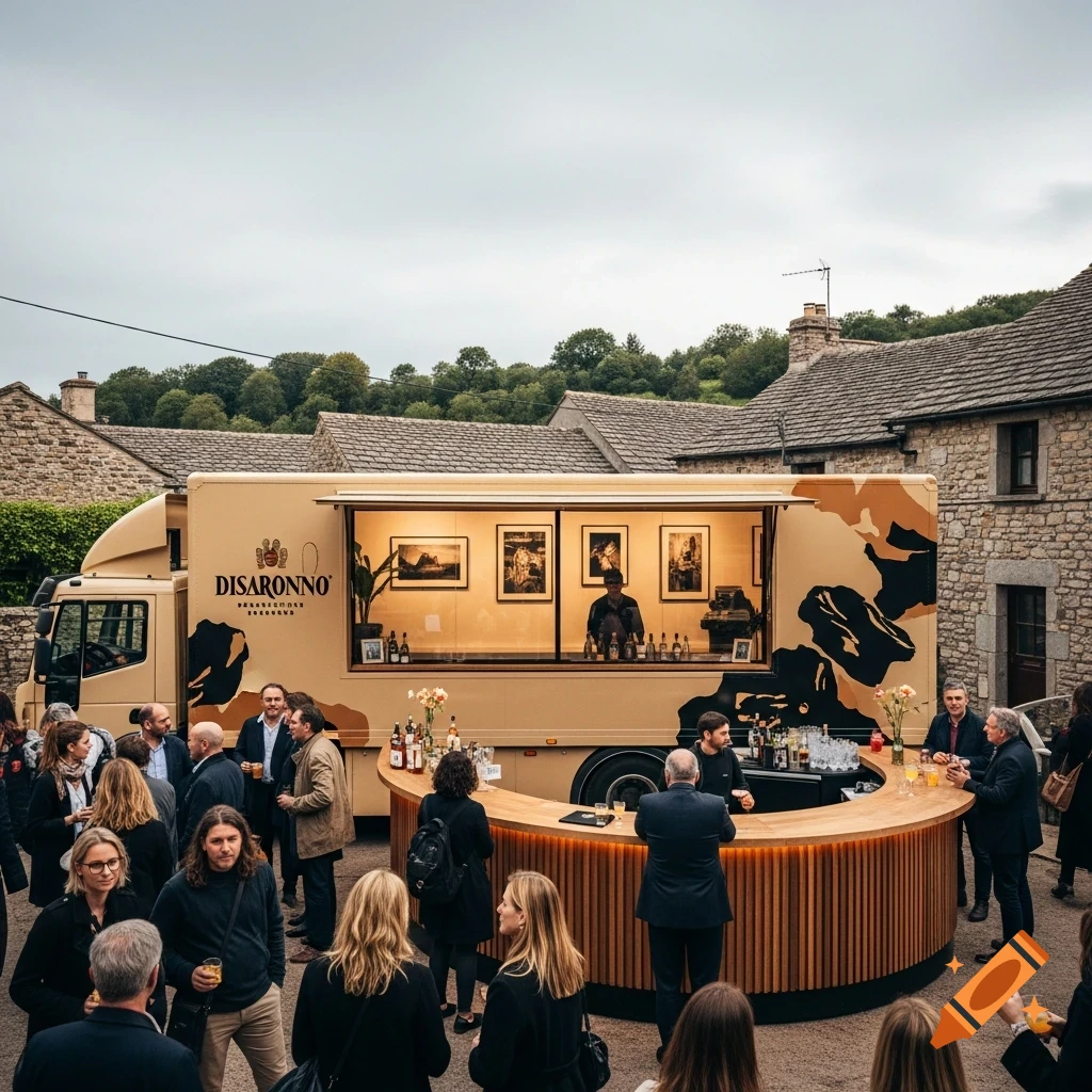 A Disaronno branded bar truck with people socializing around it in a quaint village setting, photorealistic.