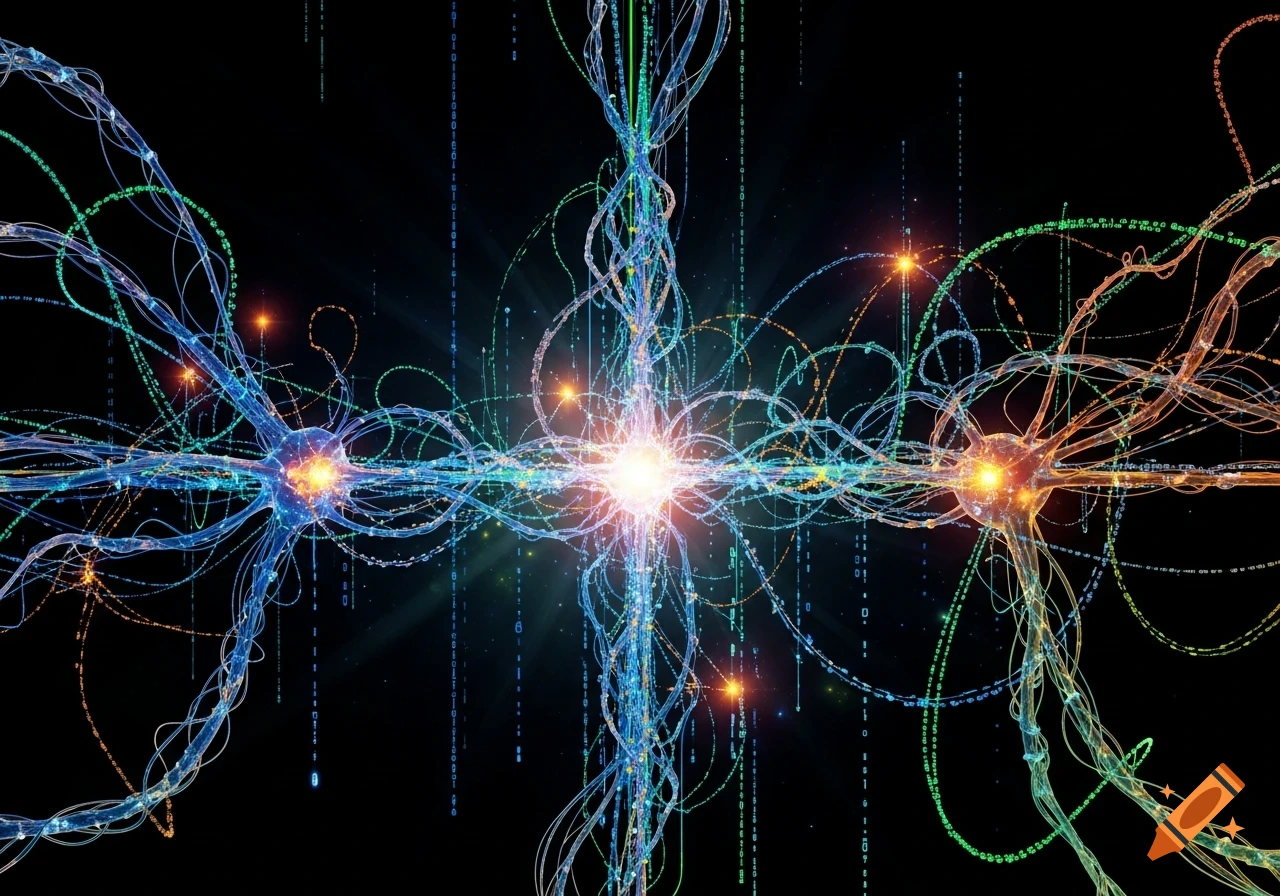 Abstract image of a glowing neural network with interconnected nodes and lines of binary code on a dark background.