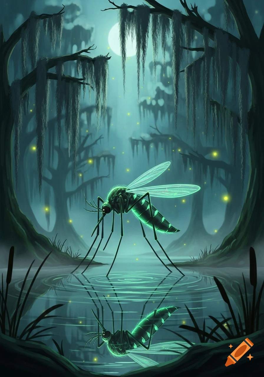 A glowing green mosquito stands on the surface of a moonlit swamp, reflected in the water, surrounded by moss-draped trees and fireflies.