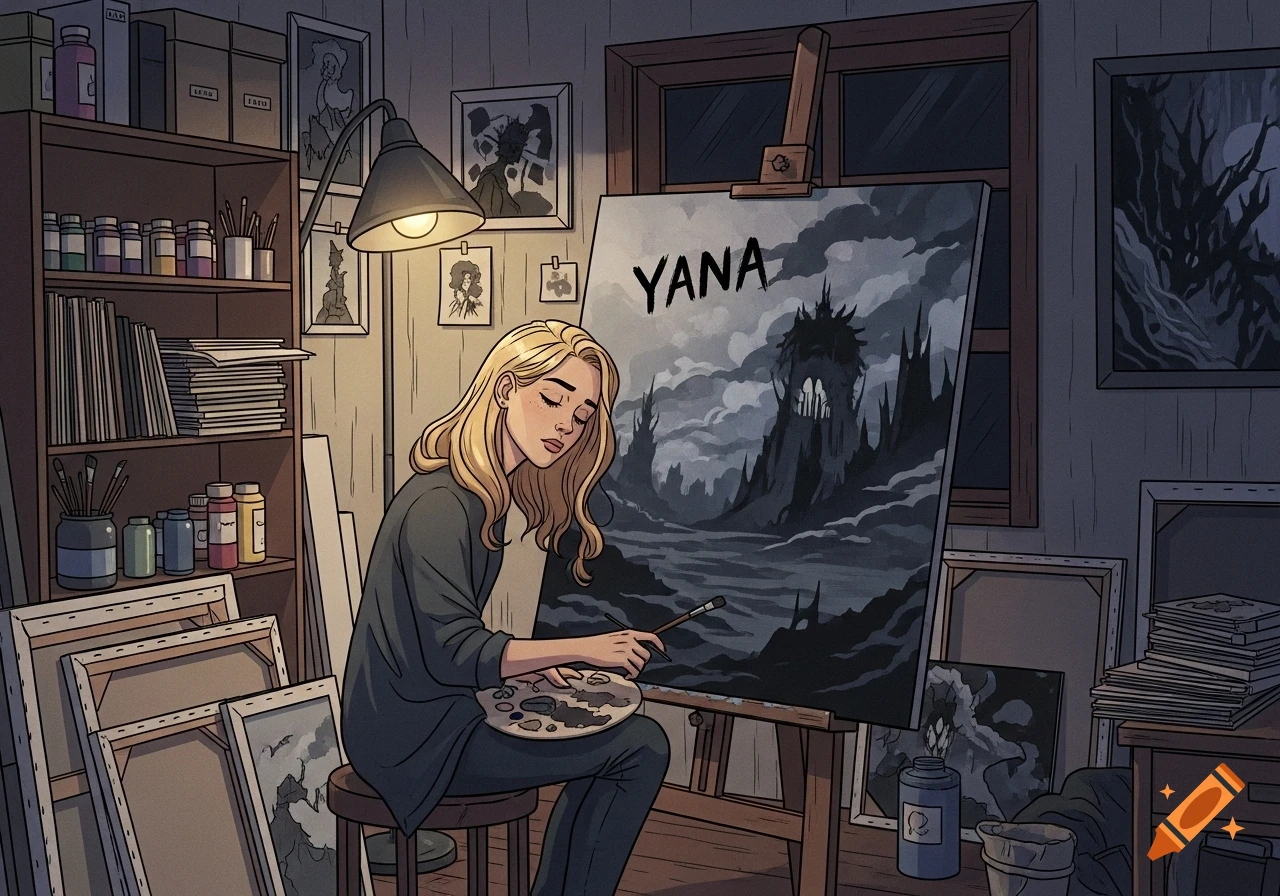 Blonde artist Yana paints a dark fantasy landscape in a comic book style studio, surrounded by art supplies and canvases.