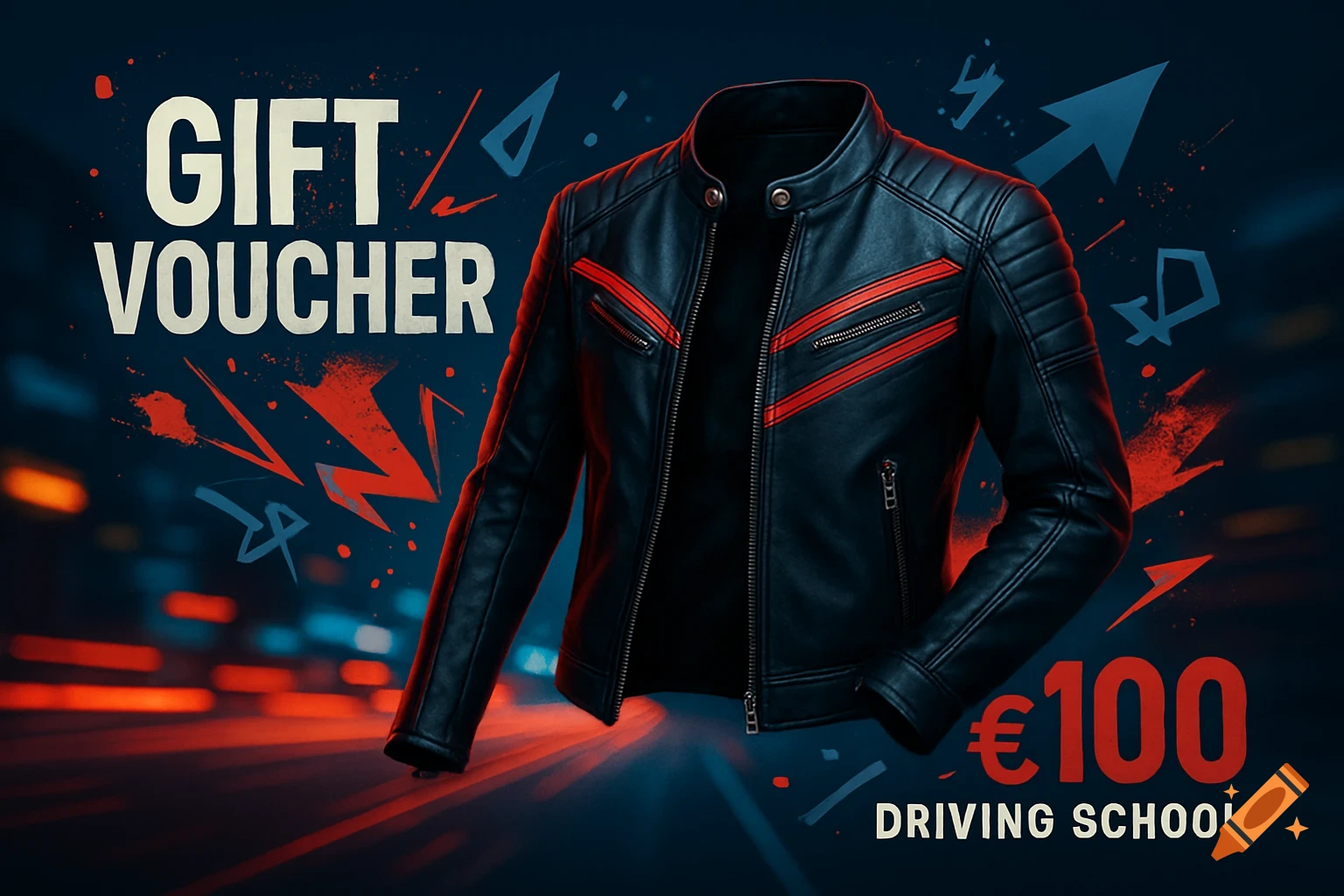 A black leather motorcycle jacket with red stripes on a dynamic dark background with 'GIFT VOUCHER' and '€100 DRIVING SCHOOL' text.