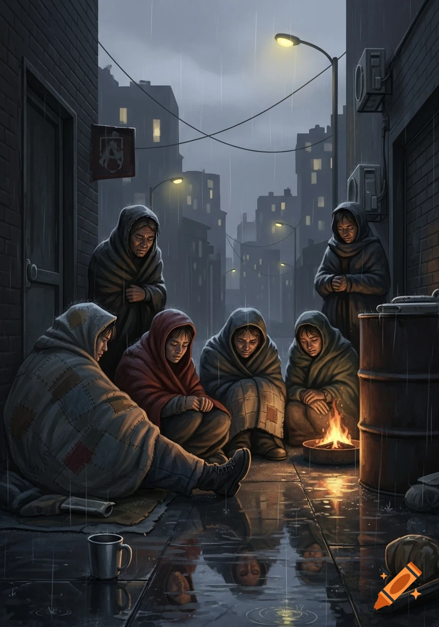 Seven people huddle for warmth around a small fire in a rainy city alley at night, their reflections visible on the wet ground.