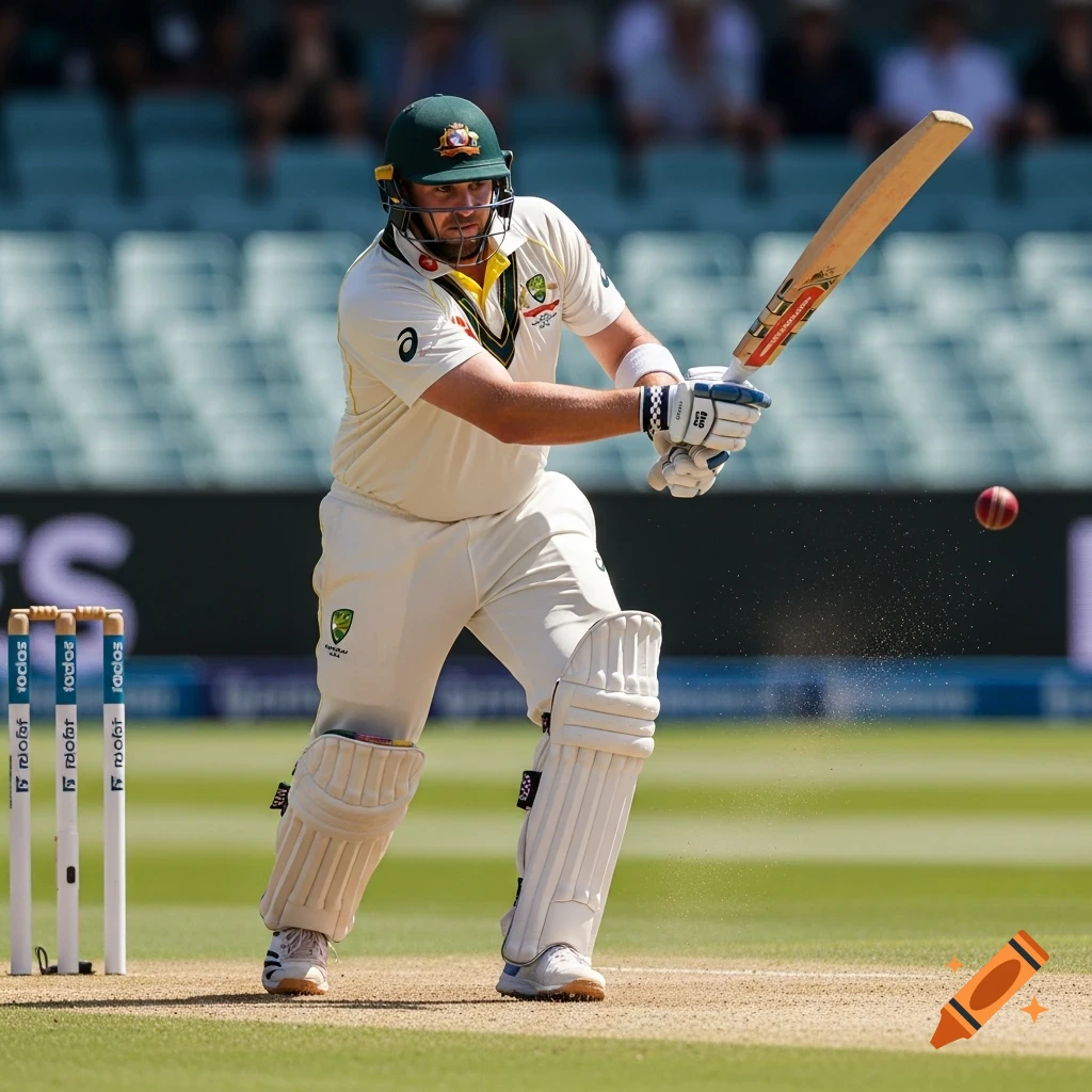 A male Australian cricketer in white uniform bats during a daytime match on a green field.