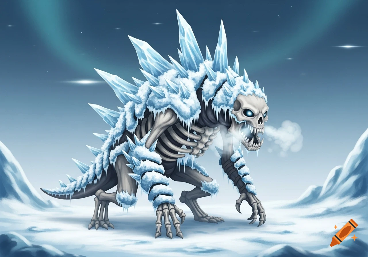 Skeletal ice monster covered in spikes and snow, with glowing blue eyes, exhaling mist in a snowy landscape under an aurora.