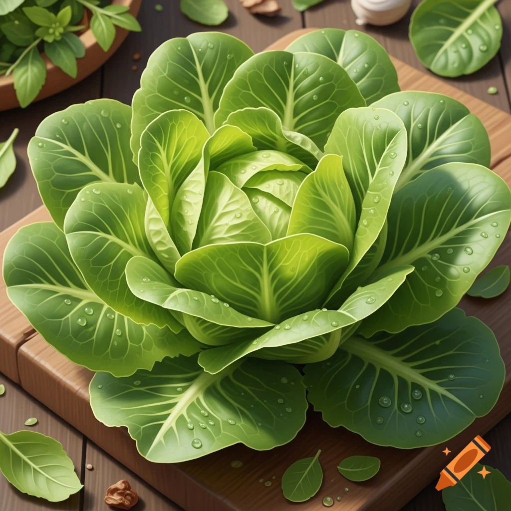 A fresh, photorealistic head of green lettuce with water droplets on a wooden cutting board.
