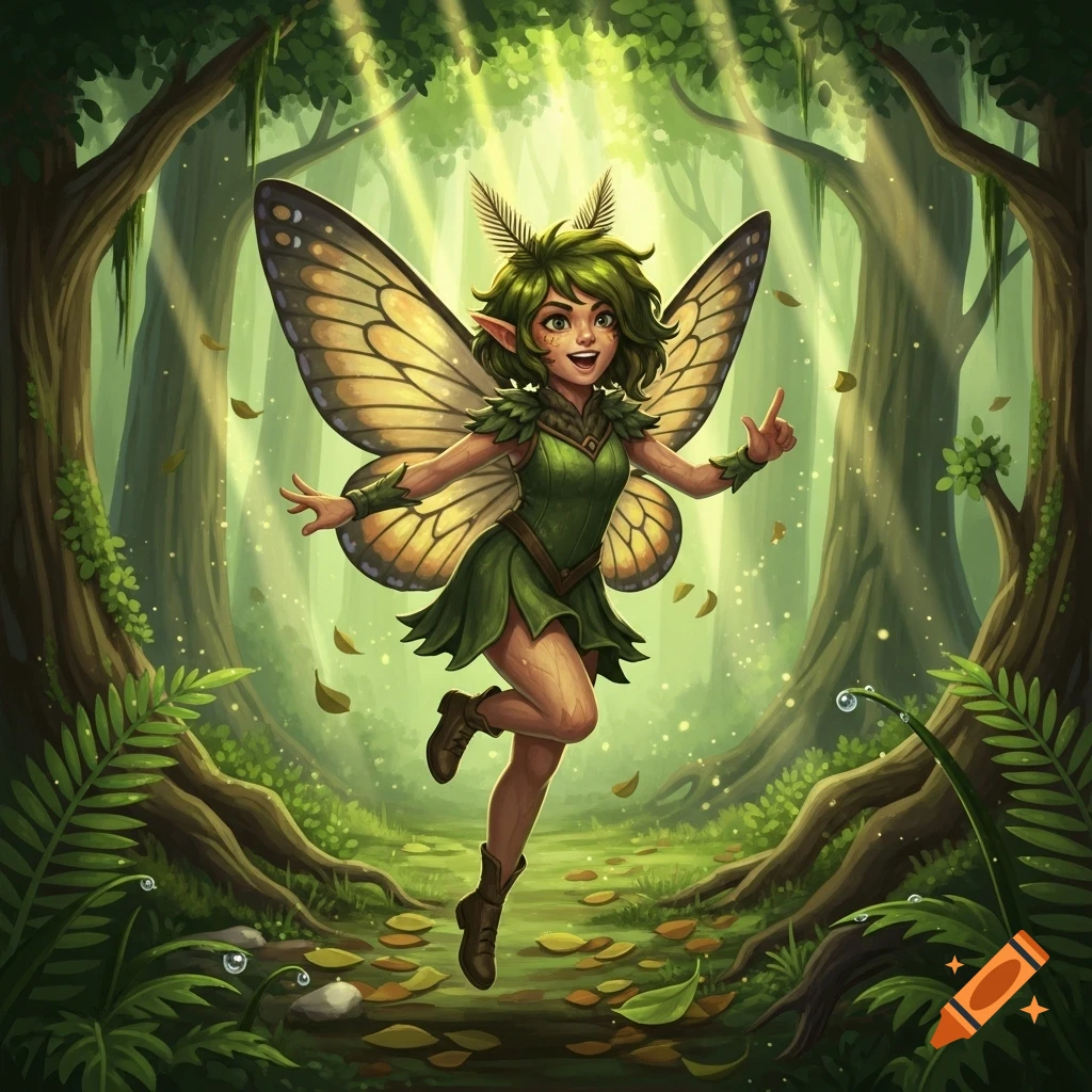 A cartoon fairy girl with moth wings and green hair smiles, standing in a sunlit forest.