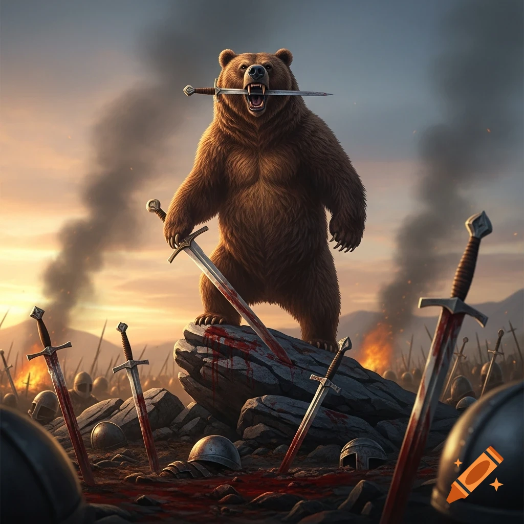 A ferocious brown bear stands bipedally on a bloody rock, holding a sword in its mouth and another in its paw, on a smoky battlefield filled with fallen swords and helmets at sunset.
