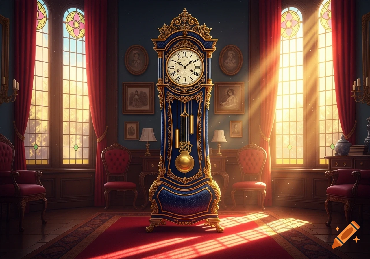 An ornate blue and gold grandfather clock stands in a luxurious room with red curtains and sunlit windows.