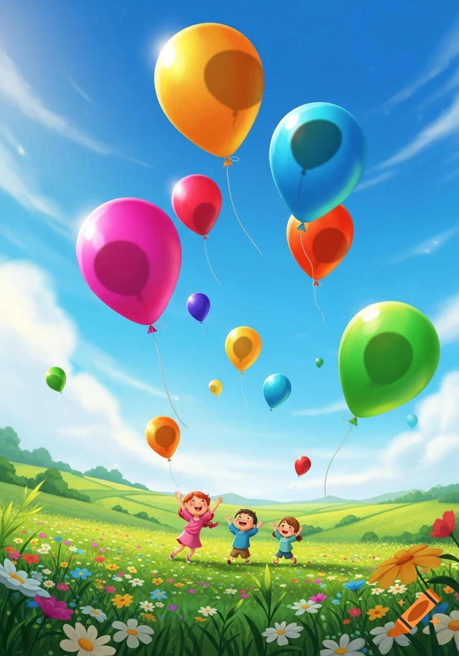 Three happy children play in a colorful, flower-filled field under a blue sky with many bright balloons floating above.