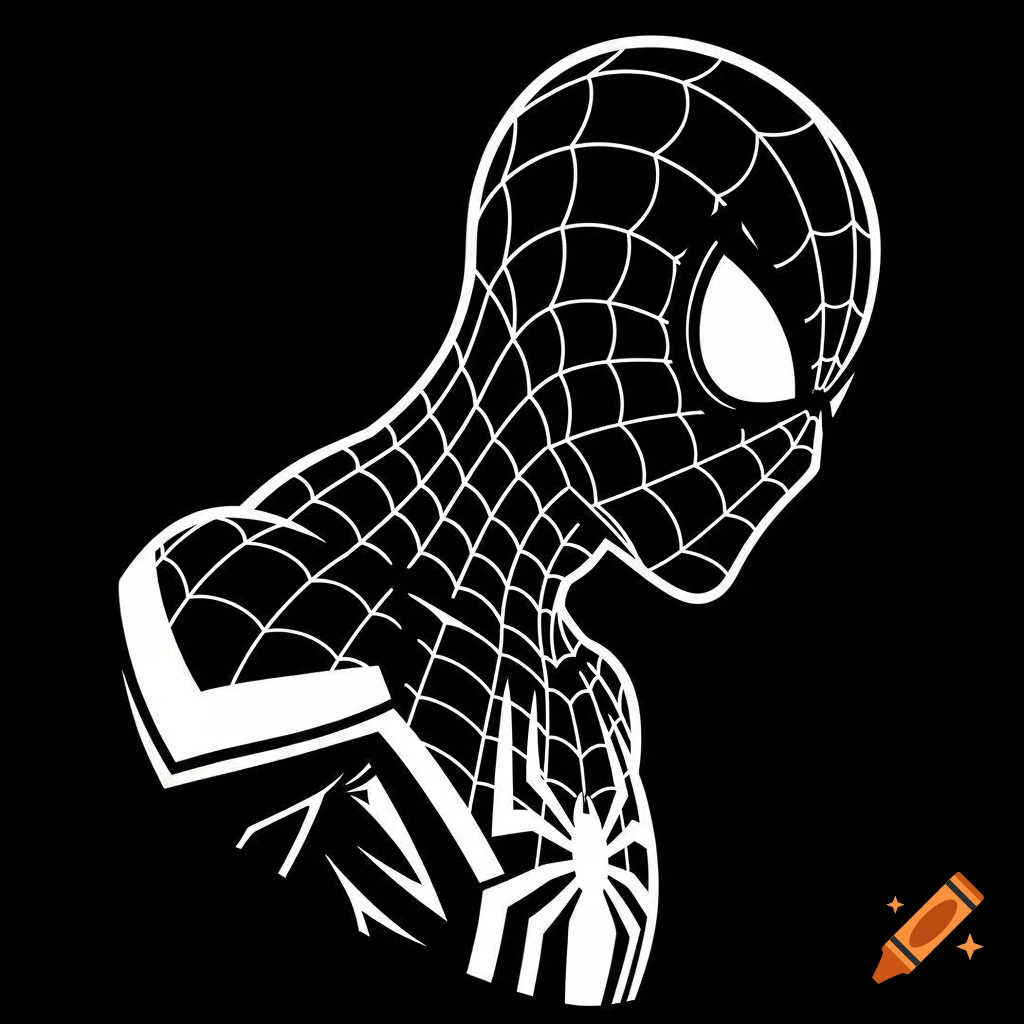 White on black stencil illustration of Spider-Man's upper body and head in side profile.