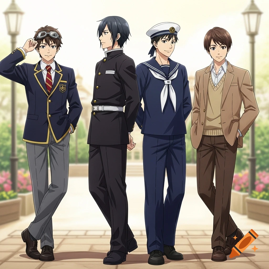 Four young anime males stand together outdoors, wearing a school blazer, a gakuran, a sailor uniform, and a brown blazer.