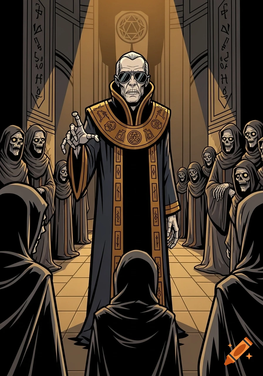 An older man in sunglasses and a ceremonial robe gestures commandingly to robed skeletal followers in a dimly lit, symbol-adorned chamber, in a graphic novel style.
