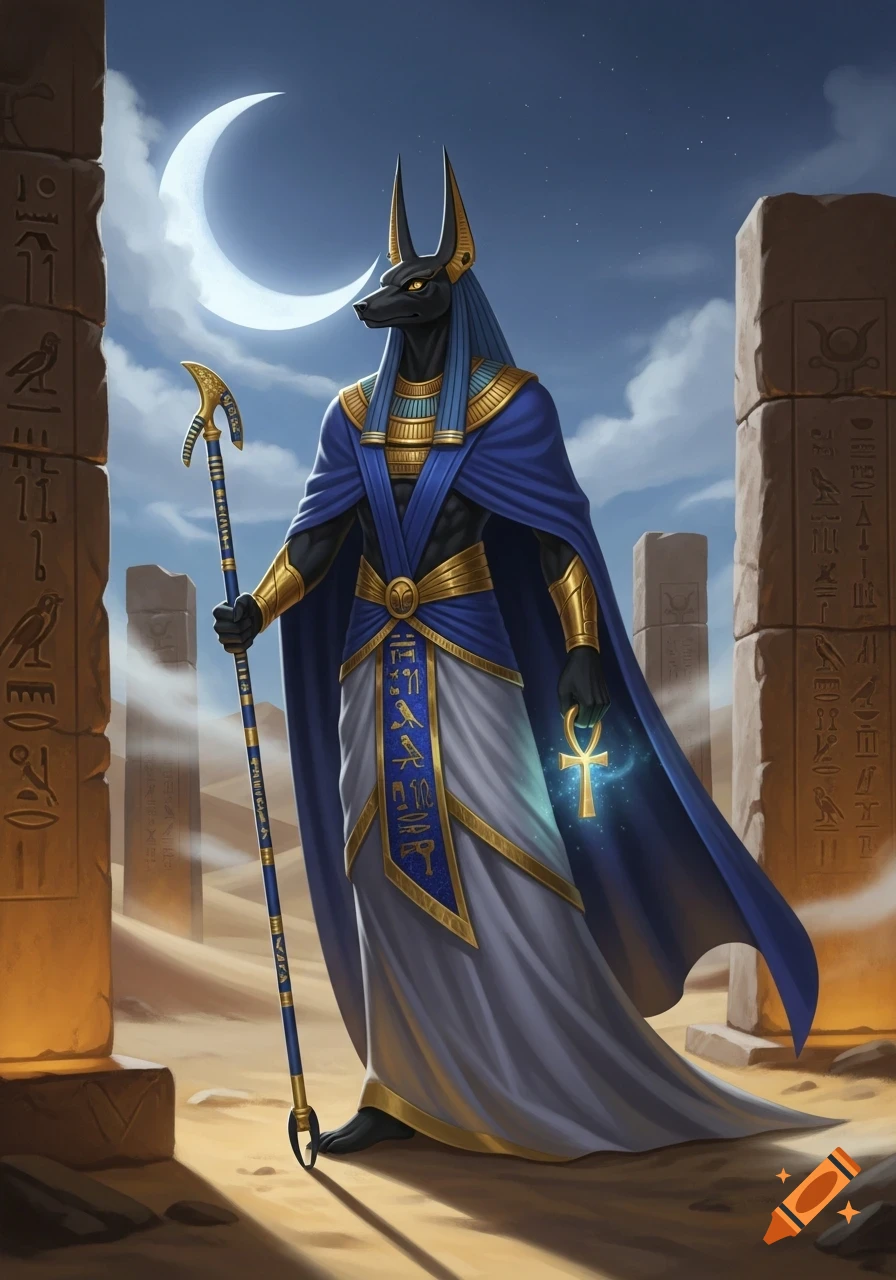 Anubis, the jackal-headed Egyptian god, stands in a desert temple under a crescent moon, holding a staff and a glowing ankh.