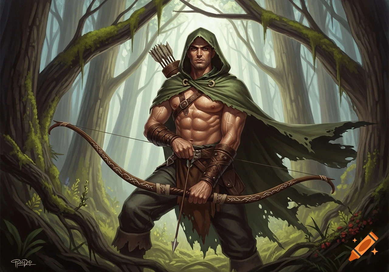 A muscular male fantasy ranger with an exposed chest and green cloak, holding a bow in a lush forest, in an 80s DnD art style.