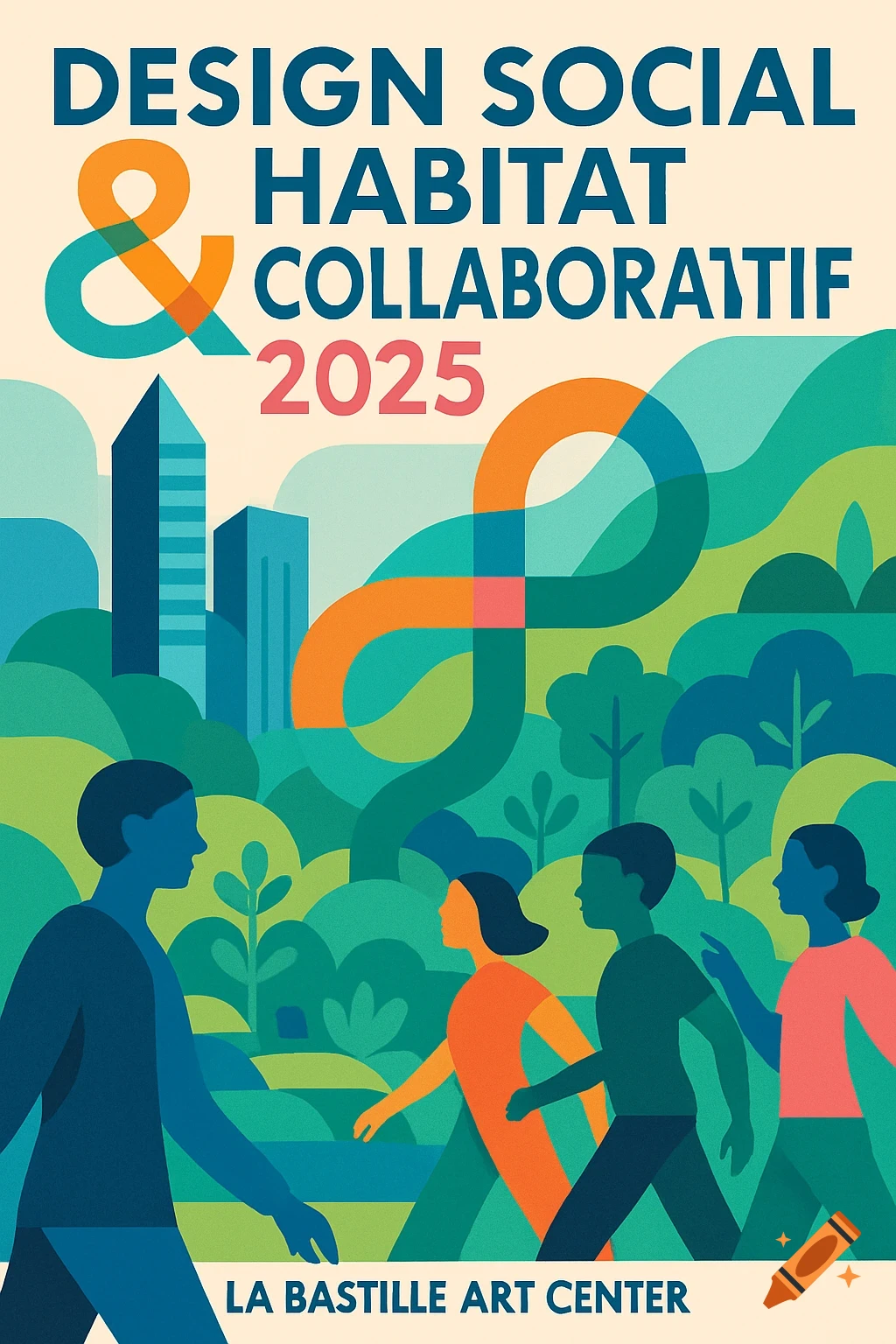 A colorful graphic poster for 'Design Social & Habitat Collaboratif 2025' at La Bastille Art Center, featuring stylized people walking through an urban landscape with buildings and green hills.