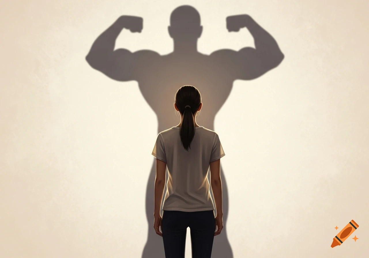 A person seen from behind, facing a large, muscular shadow on a wall, symbolizing strength and personal growth.