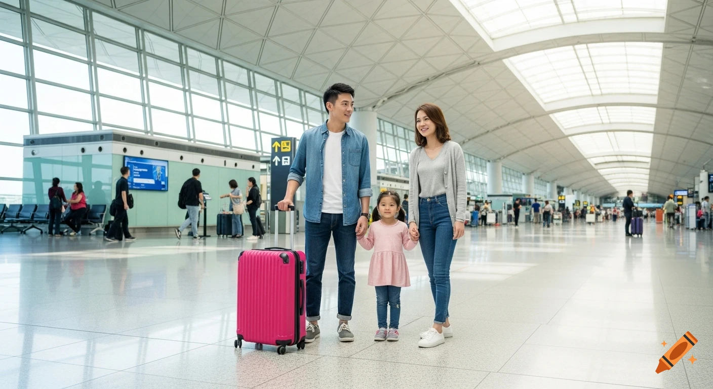 A family with a bright pink suitcase stands in a modern, sunlit airport terminal.