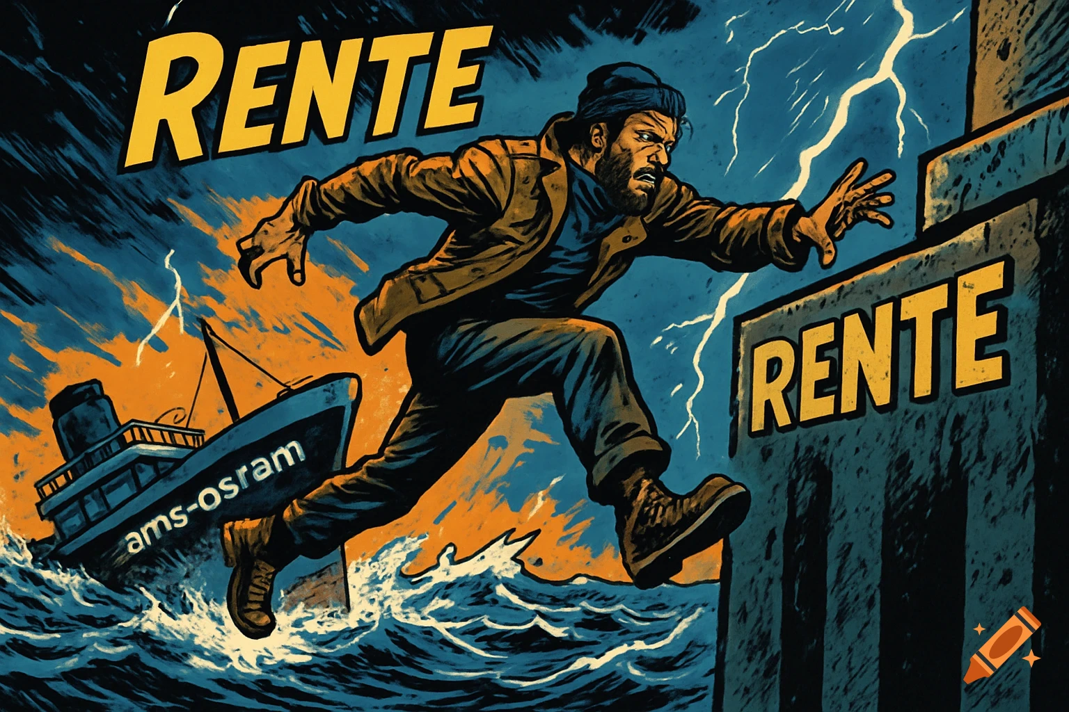 Comic illustration of a man jumping from a stormy, sinking ship with 'ams-osram' to a pier marked 'RENTE'.