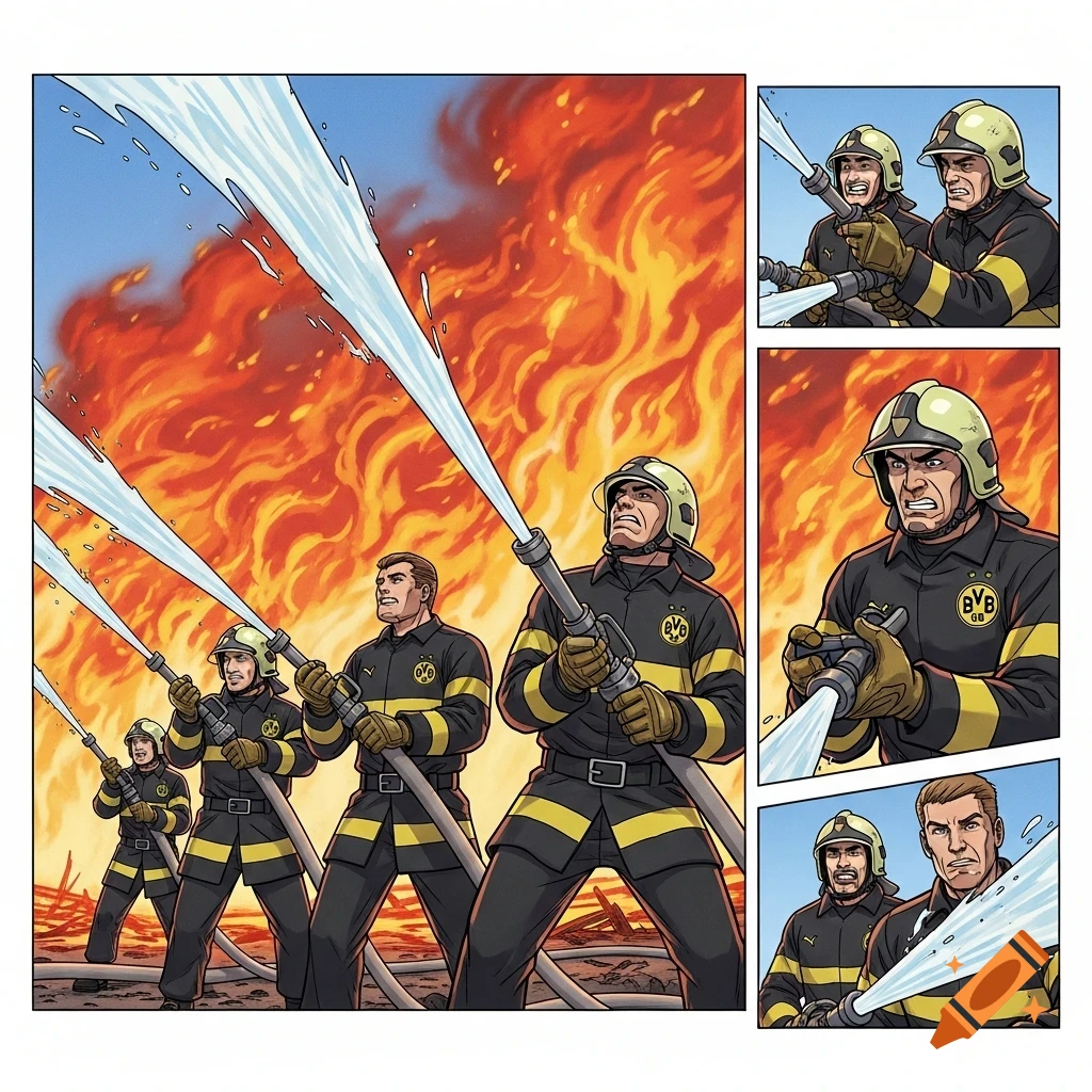 Comic style firefighters in black and yellow uniforms battling a large fire with hoses, depicted across multiple panels.
