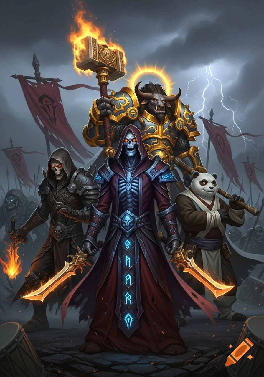 A group of fantasy warriors from World of Warcraft, including two undead skeletons, a Tauren Paladin, and a Pandaren Monk, stand under a stormy sky.