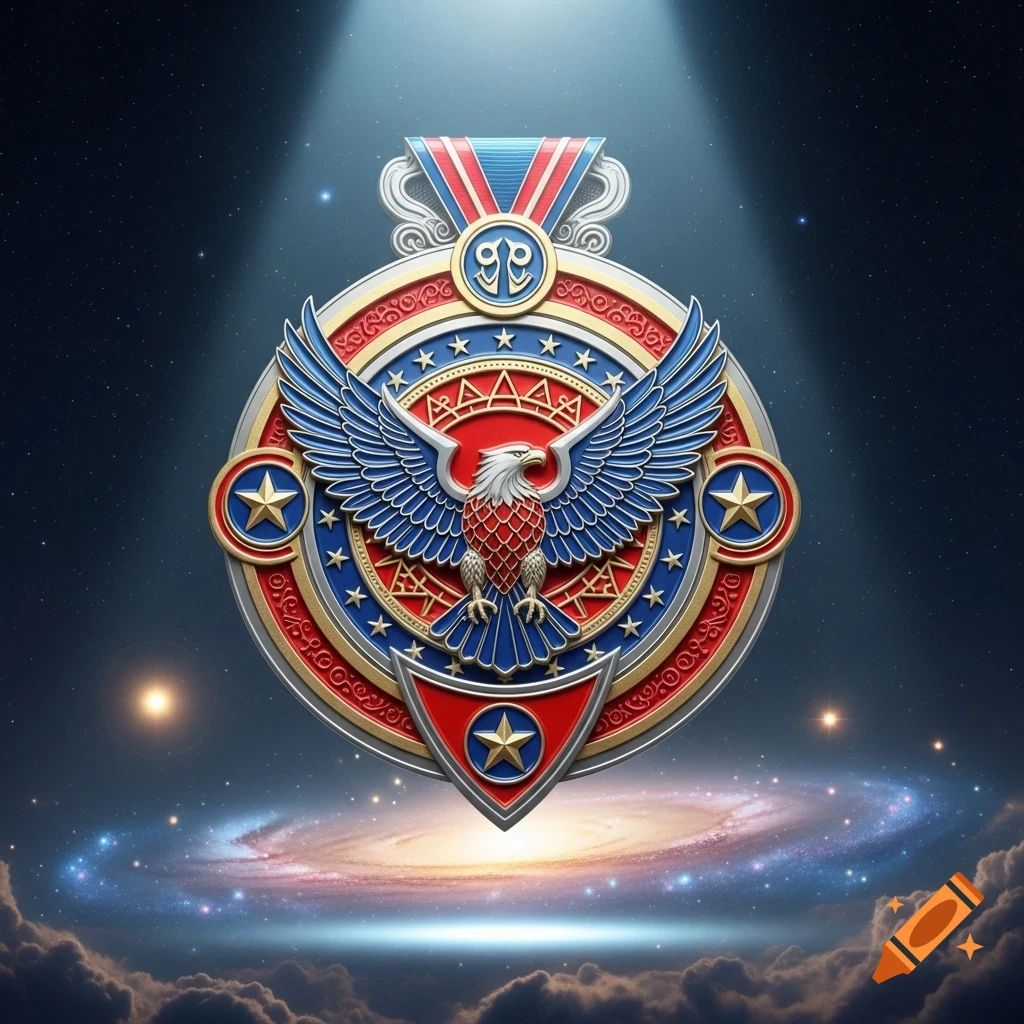 A detailed, colorful superhero medal with a prominent eagle, stars, and red, white, and blue ribbons, glowing in deep space above a galaxy.