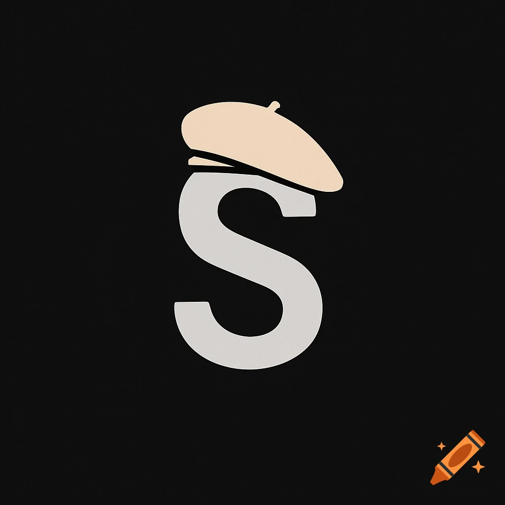 A light grey capital S with a beige beret resting on top, against a solid black background.