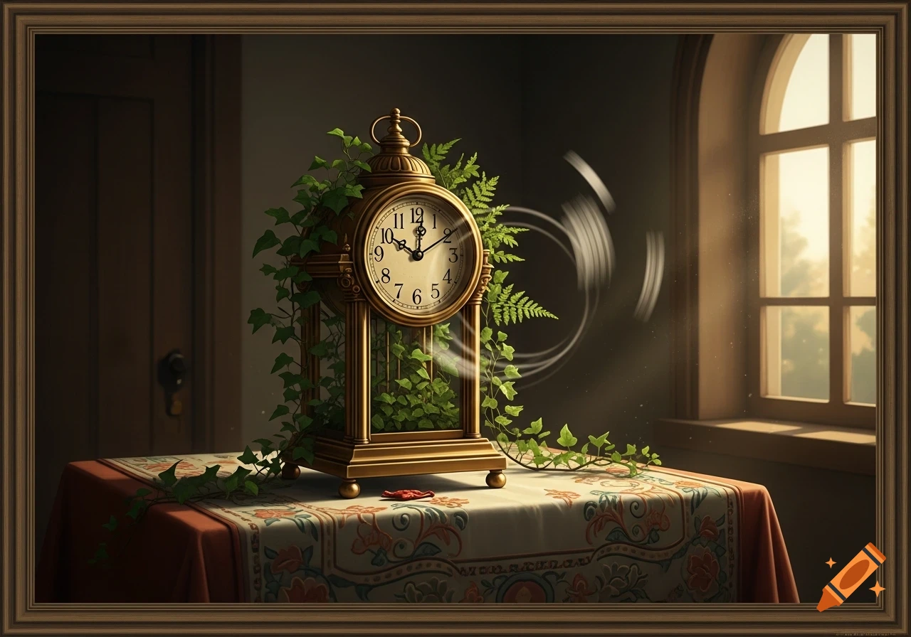 A golden mantle clock with ivy sits on a patterned table in a dimly lit room, with sunlight from an arched window.