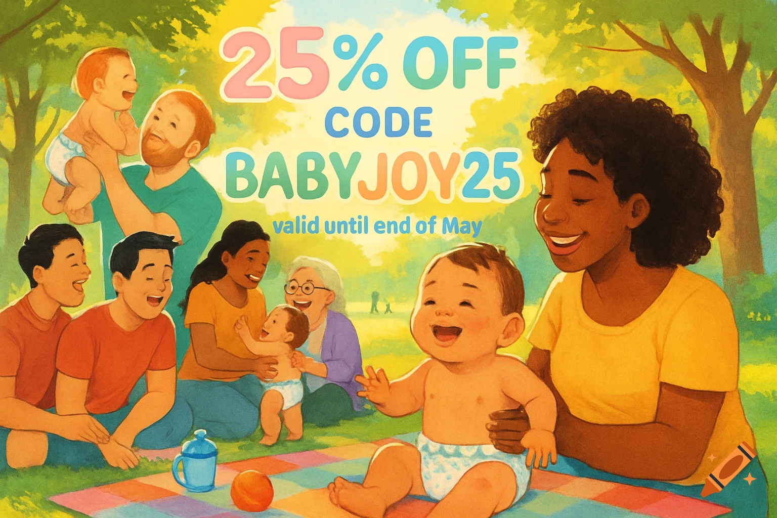 Cheerful illustration of diverse families with babies picnicking in a park with a '25% OFF BABYJOY25' discount.