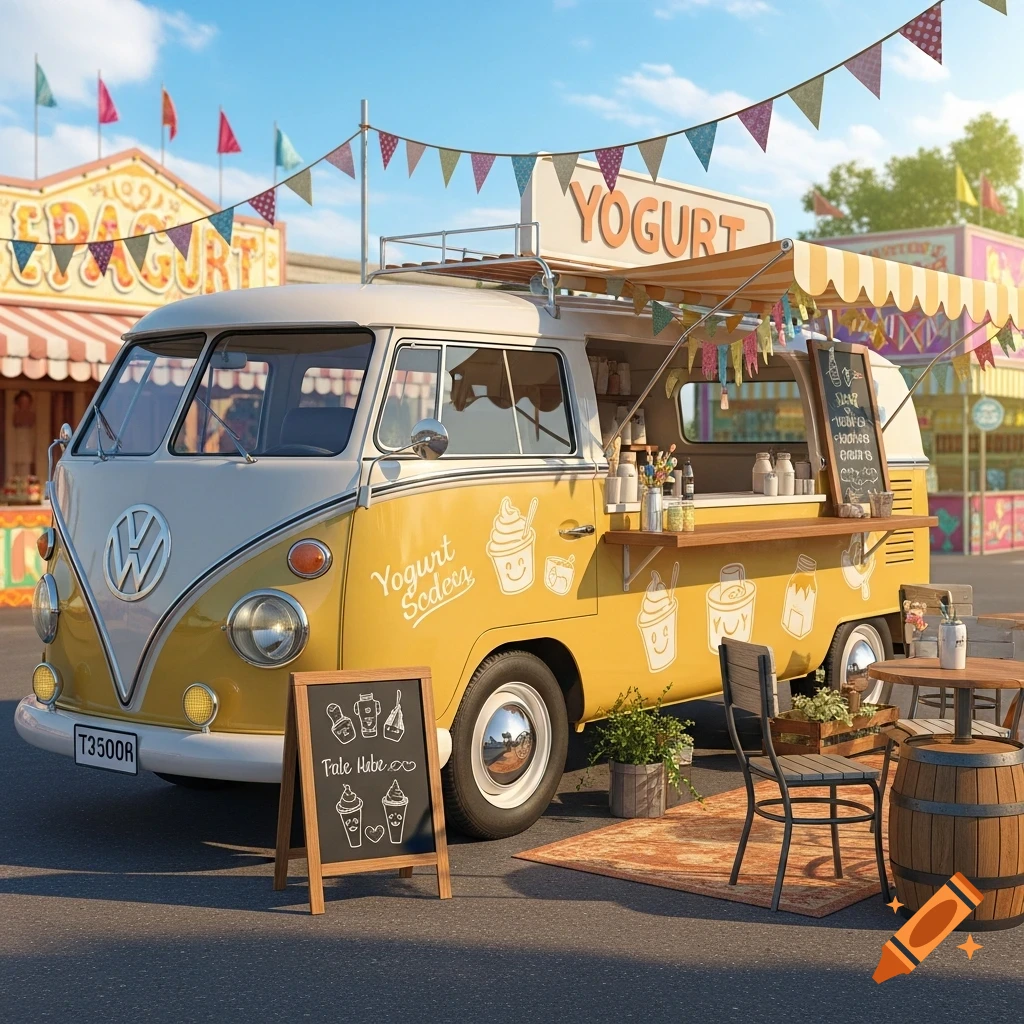 A vibrant butter-yellow retro VW bus yogurt truck parked at a fair, with striped awnings, string lights, and outdoor seating.