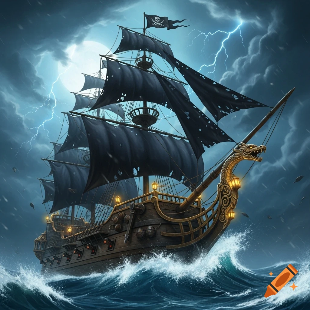 A majestic pirate ship with black sails and a dragon figurehead sails through stormy seas under a lightning-filled, moonlit sky.