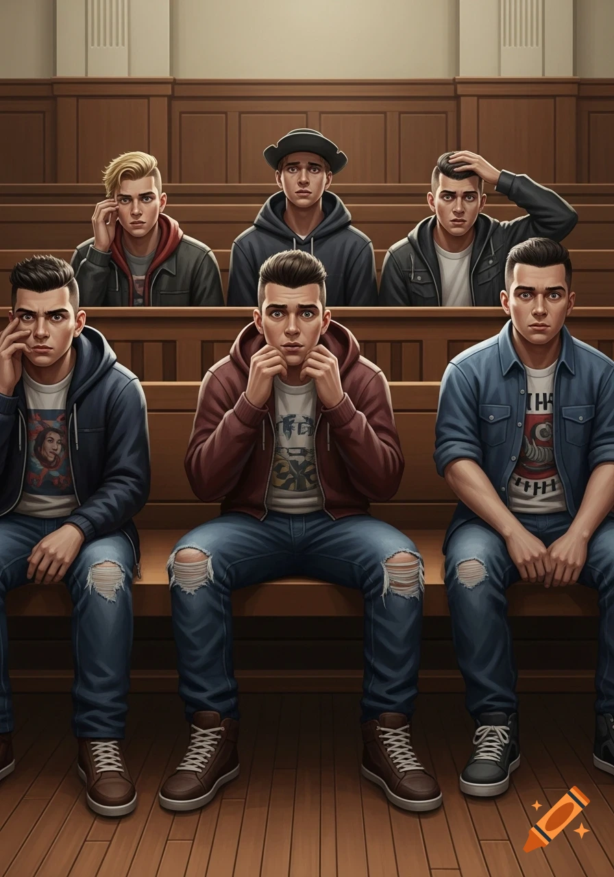 Six young men with shocked expressions, wearing casual clothes, sit on wooden benches in a courtroom. Illustration.