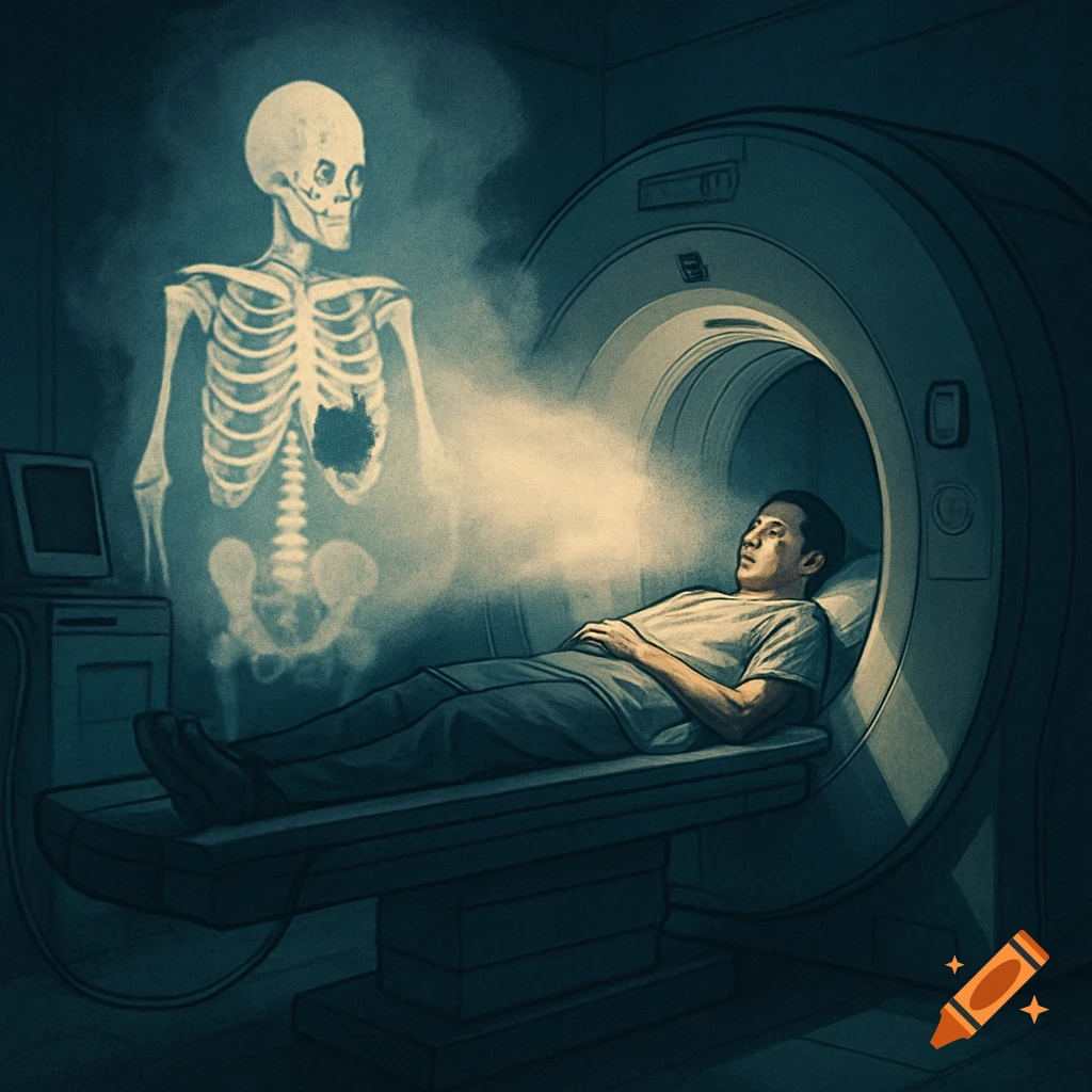 An illustrative image of a man getting an MRI scan in a dark room, with a ghostly skeleton showing a dark spot on its chest hovering above him.